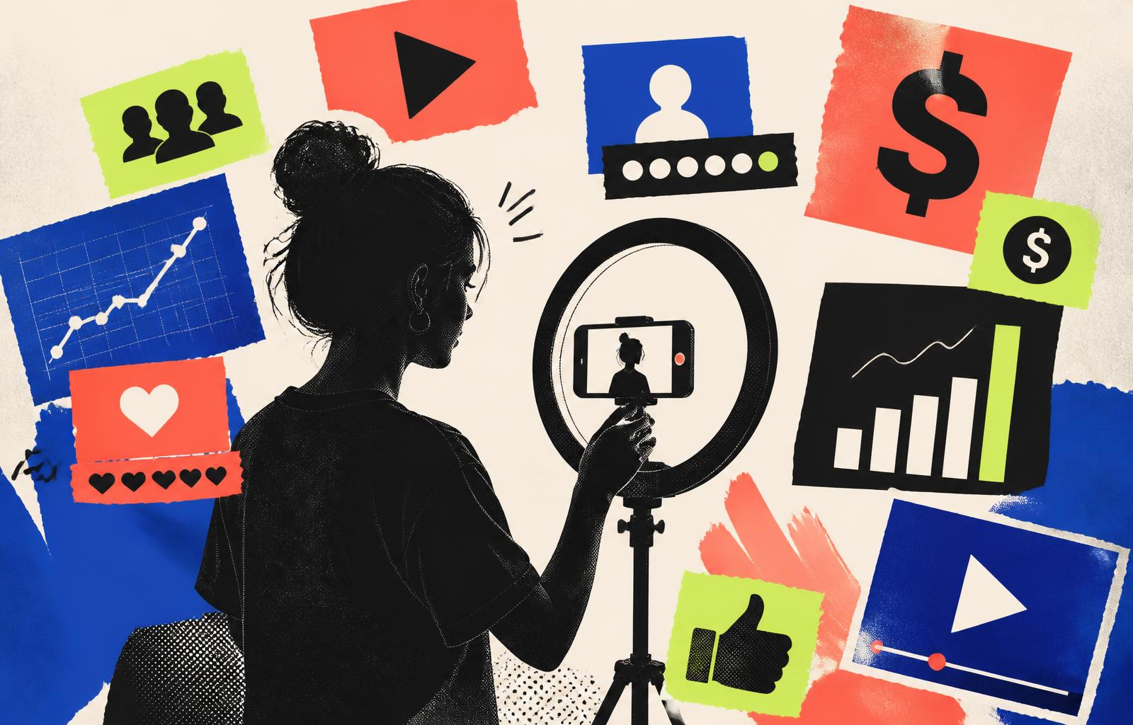 Collage of a creator filming with a ring light surrounded by growth charts and revenue cards