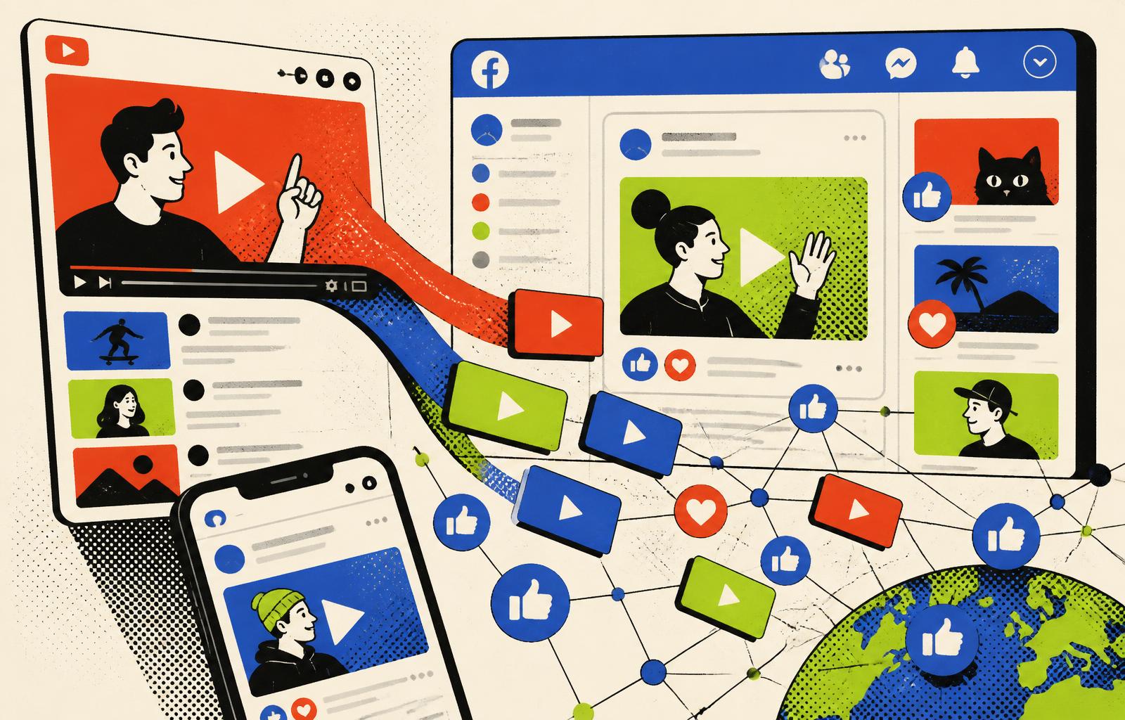 Illustration of video thumbnails flowing from a video player into a Facebook-style social feed