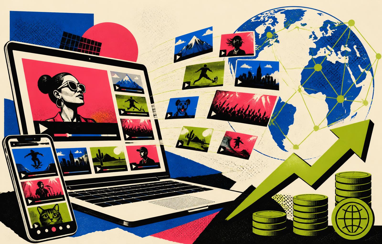 Illustration of video thumbnails flowing from a laptop out to a global network of screens
